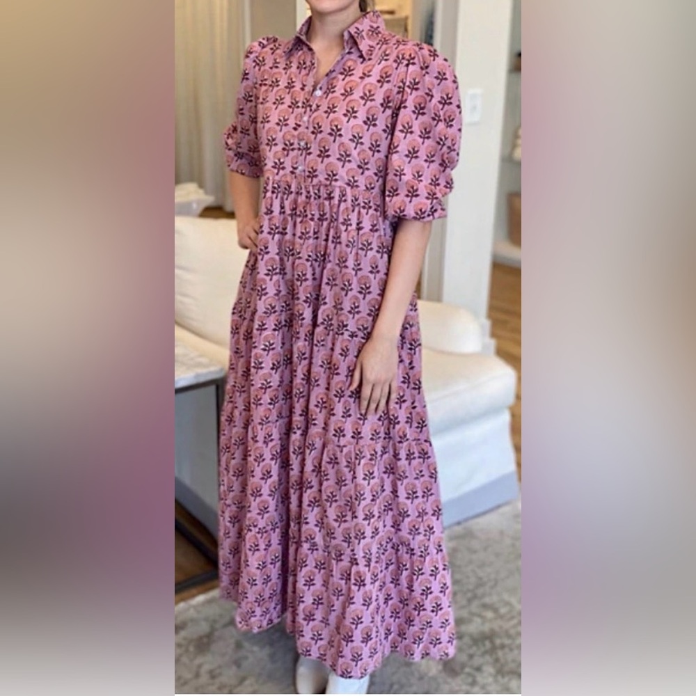 Victoria Dunn Hand Block Printed Tiered Maxi Cotton Dress, Lined, Small, Pink